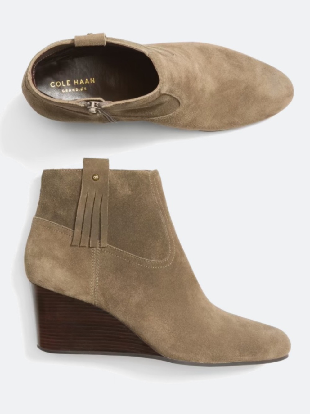 Cole Haan Elsie Taupe Suede Fringe Wedge Booties size 9